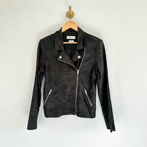 Level 99 Midnight Camo Zip Up Linen Blend Moto Jacket Green S